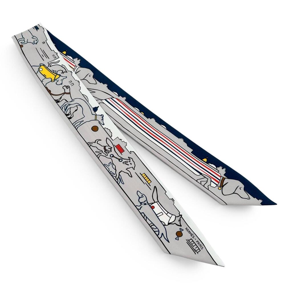 HERMES Les Chiens Parisiens (Parisian Dogs) 100% Silk Twilly Scarf/Muffler, M...